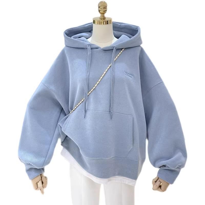 Fall/Winter New Style Mid-Length Loose Fleece Hooded Casual Women's Fashion Embroidered Long-Sleeved T-shirt