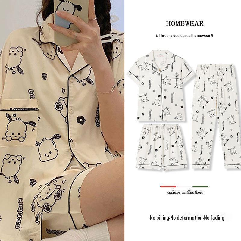 Summer Fashion Pajamas: Women's Short Sleeve Three-Piece Set with Cartoon Pacha Dog Design, Suitable for Home or Outdoors