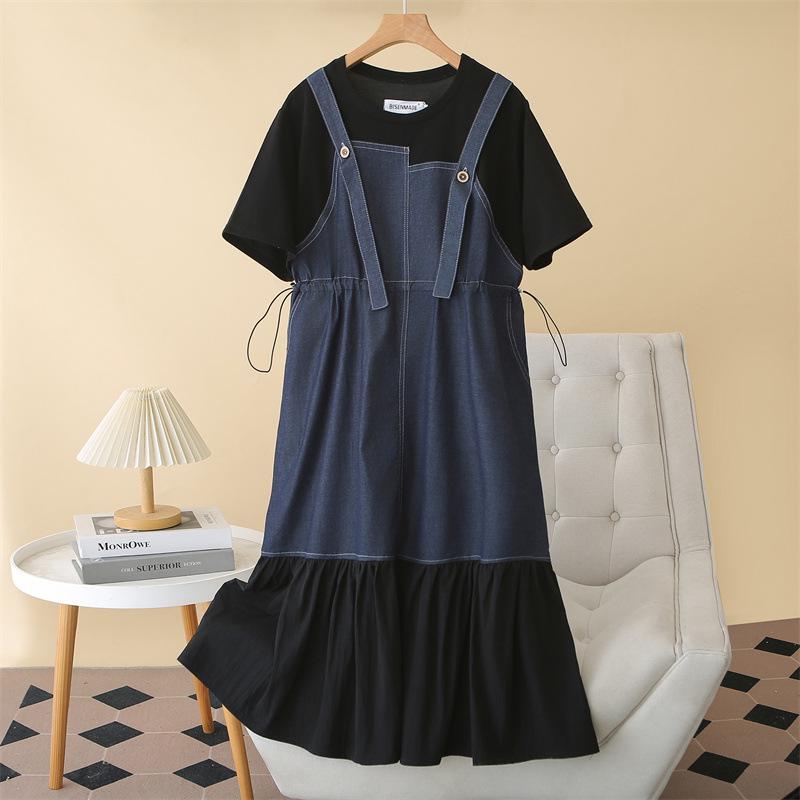 

2026 Plus Size Long Sleeve Faux 2-Piece Color Block Denim Mermaid Dress for Girls 4XL темно-синий