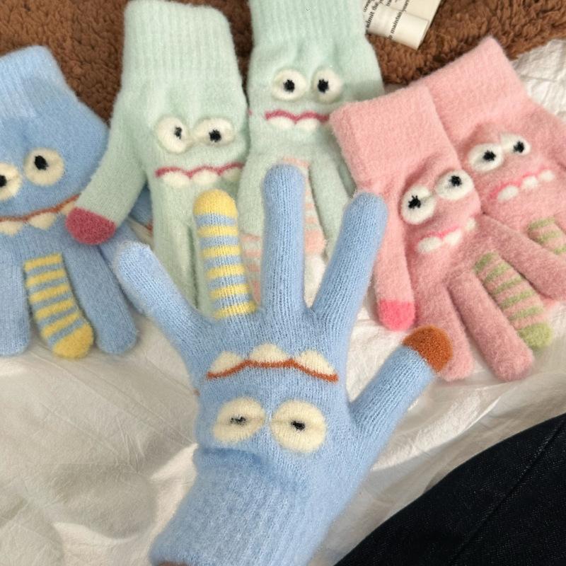 Funny Monster Finger Touch Screen Plush Knitted Gloves Cute Winter Knitted Gloves Warm Thickened Velvet Split Finger Gloves
