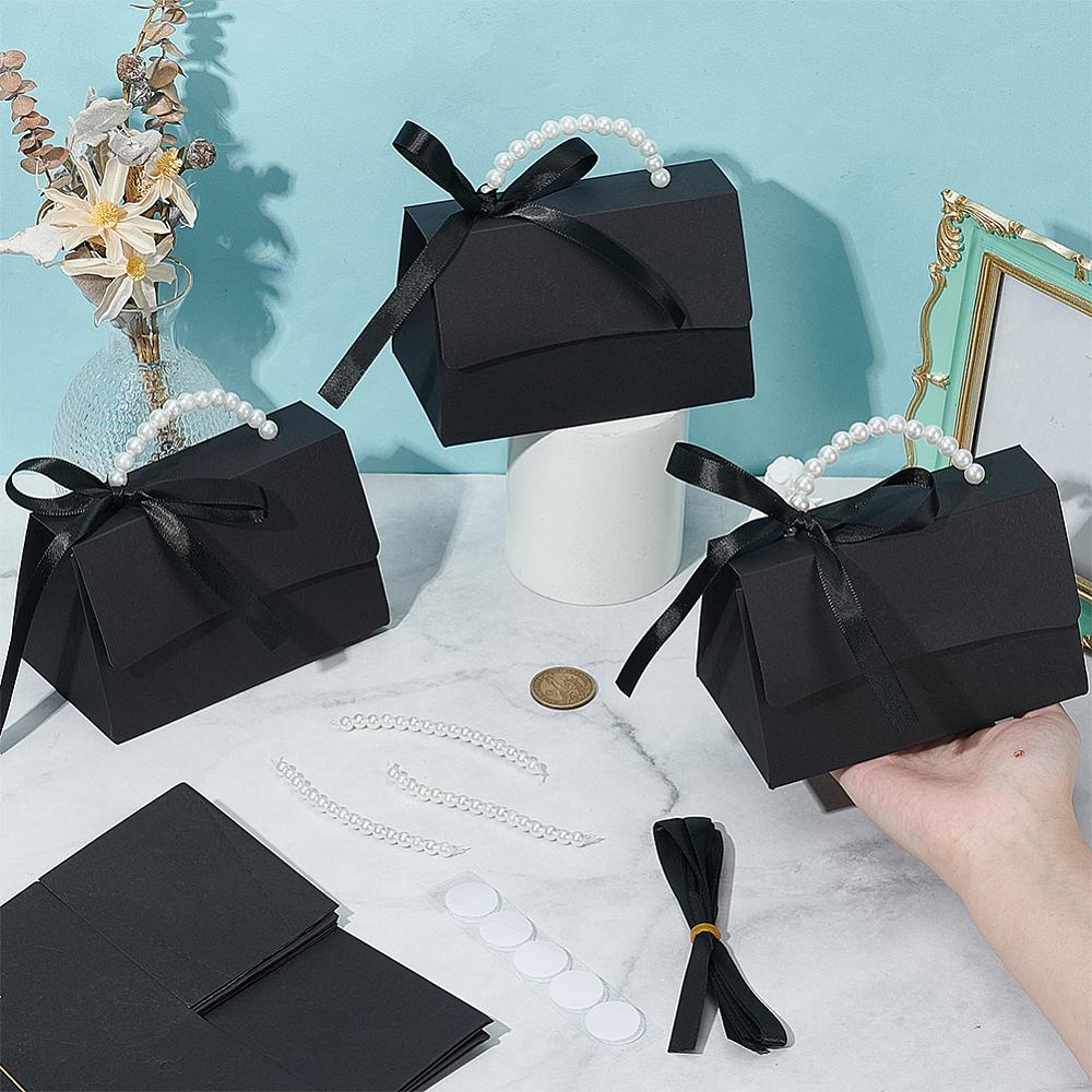 16sets Foldable Paper Wedding Candy Totes with Plastic Imitation Pearl Round Beaded Handle and Ribbon Handbag Shape Black