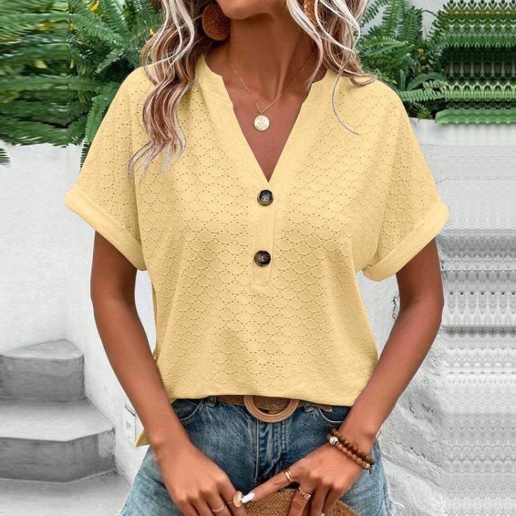Spring Summer  Women Casual Button V Neck T Shirt Solid Color