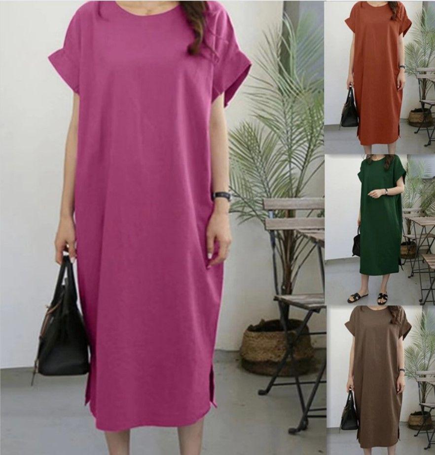 2024 Damen Lässiges Einfarbiges Rundhals-Kurzarm-Langes Kleid mit Schlitz