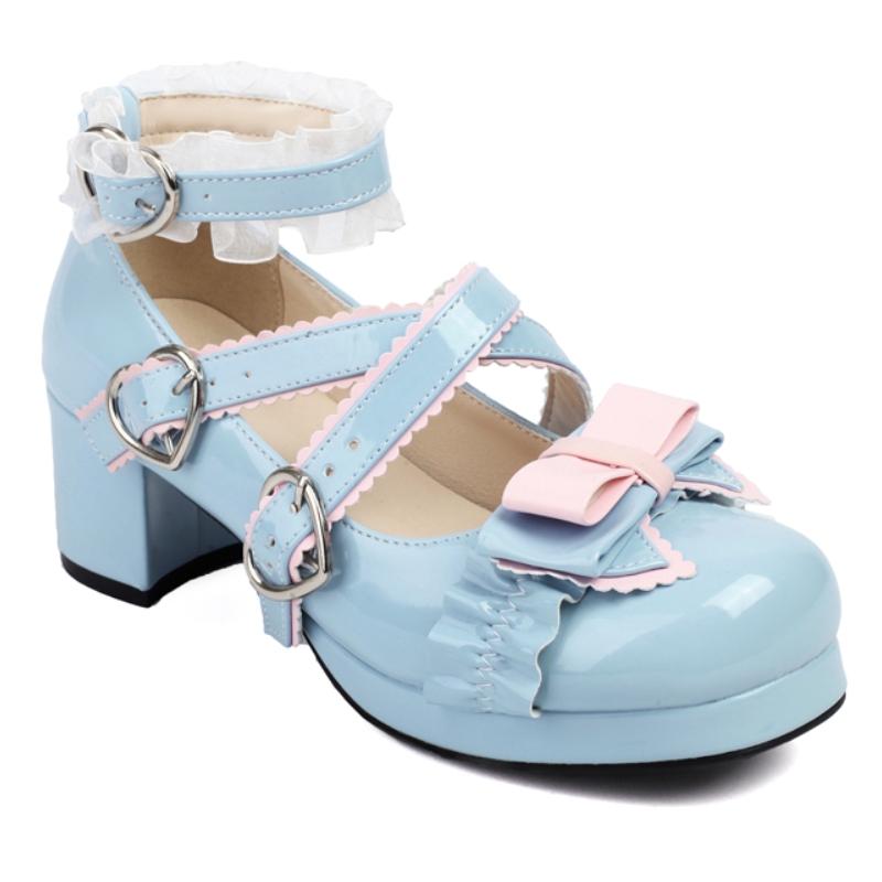 Sweet Bow Low Heels Women's Lolitas Shoes Spring Ankle Strap Red White Heeled Wedding Office Party Shoes Female Large Size 45