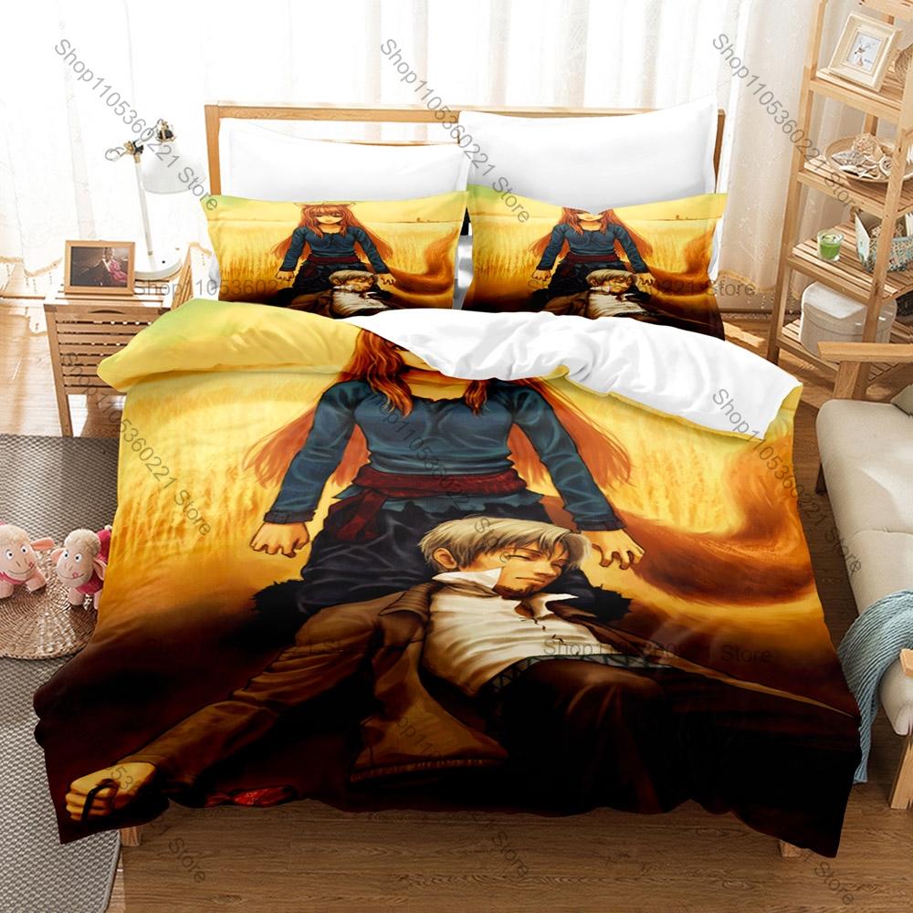 Holo and Lawrence Bedding Set, Duvet Cover & 2 Pillowcases, Classic Light Novel Characters Pattern Breathable Fabric All Season