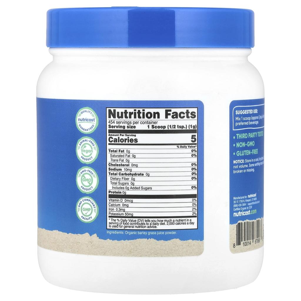 Nutricost, Organic Barley Grass Juice Powder, Unflavored, 16.2 oz (454 g)