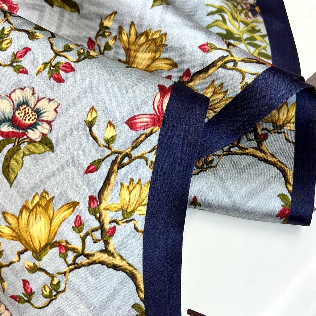 Silk Scarf Temperament Versatile Blue Floral Mulberry Silk Silk Scarf Thin Narrow Long Double-Sided Scarf Streamer