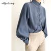 Korean Fashion Spring Autumn Women Blouse Stand Collar White Black Blue Khaki Loose Casual Shirt Lantern Sleeve Stylish Elegant Blouse