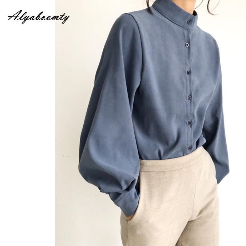 Korean Fashion Spring Autumn Women Blouse Stand Collar White Black Blue Khaki Loose Casual Shirt Lantern Sleeve Stylish Elegant Blouse
