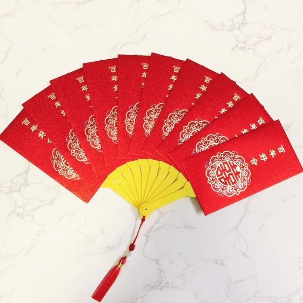 Traditional Fan Design Red Envelope with Chinese Knot Tassel Wedding Money Bag Bonus Paper Hongbao Lucky Money Packet Birthday
