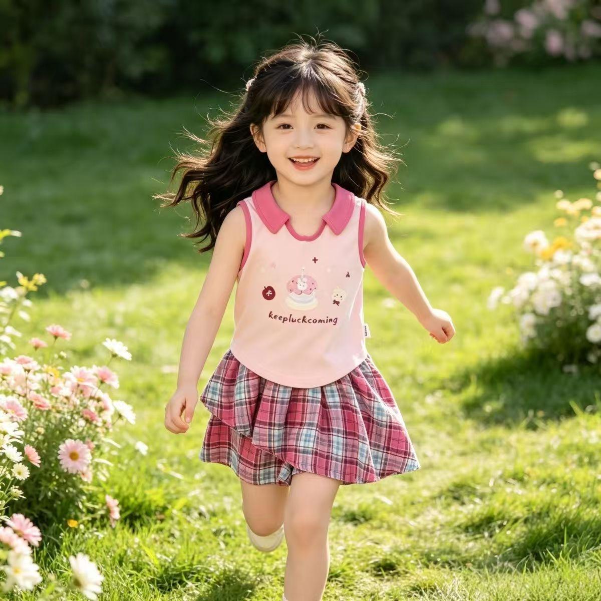 Girls Pink Tank Top and Plaid Skirt Sweet Princess Summer Outfit Set 90