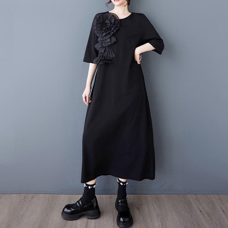 Rochie de vară lungă casual lejeră cu mânecă scurtă, mărime plus, neagră, florală vintage, nou în rochii pentru femei