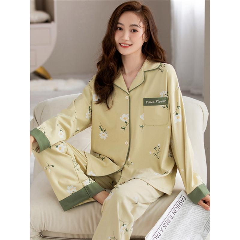 Pajamas Women's Spring and Autumn 100% Pure Cotton Long-sleeved Thin 1011 New Spring and Summer High-end Loungewear Set