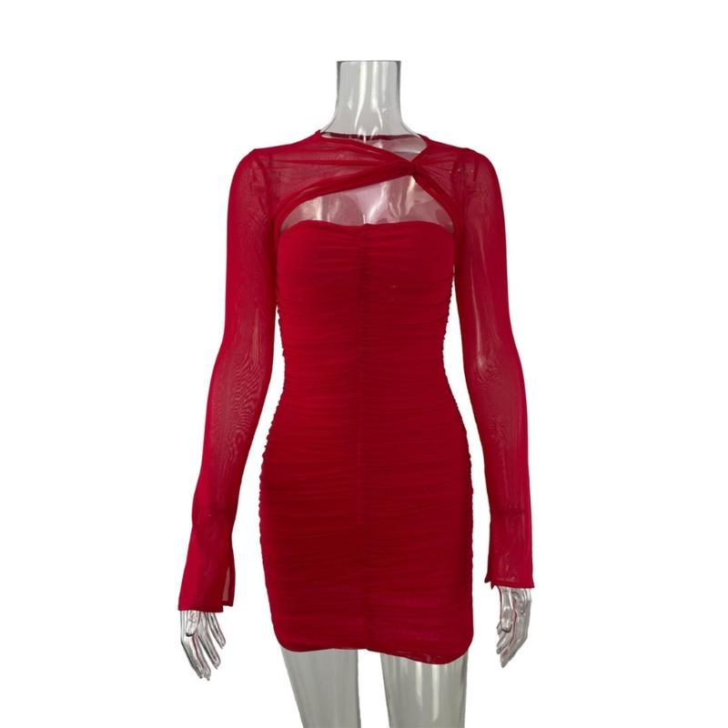 Women Mesh Long Sleeve Sexy Cut Out Bodycon Ruched Short Dress Twisted Knot Front Solid Color Nightclub Party Dresses