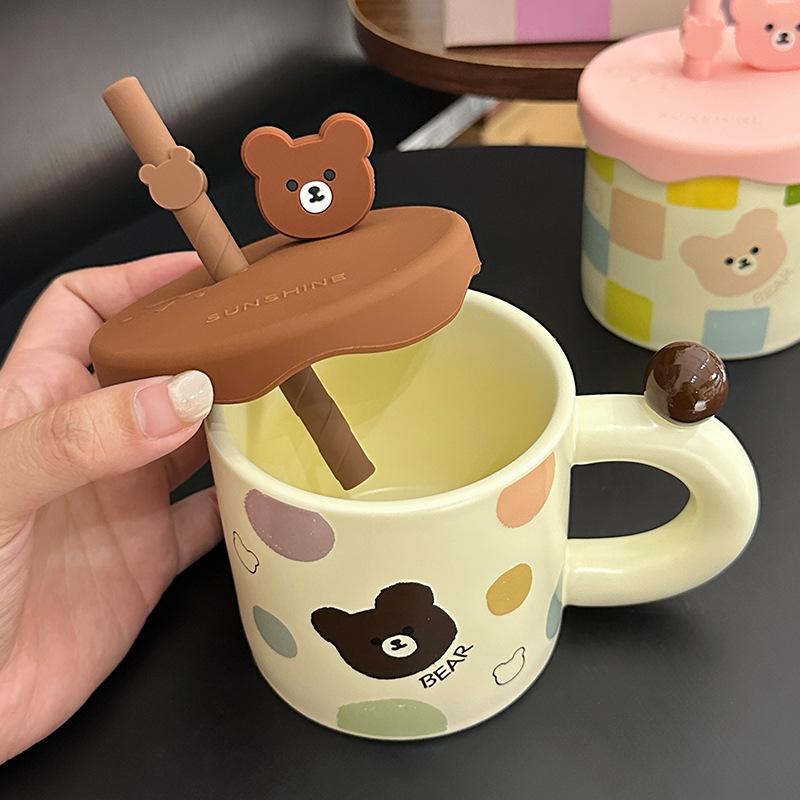 Cute Cartoon Bear Ceramic Mug With Lid Internet Celebrity Creative Design Straw Cup Household Drinking Cup Souvenir