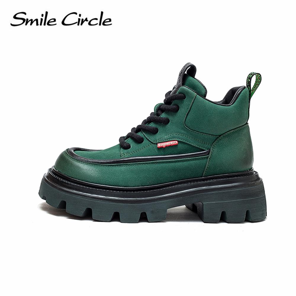 Natural Leather Chunky Women's Ankle Boots High Top Thick Bottom Boots Lace Up Casual Women's Motorcycle Boots