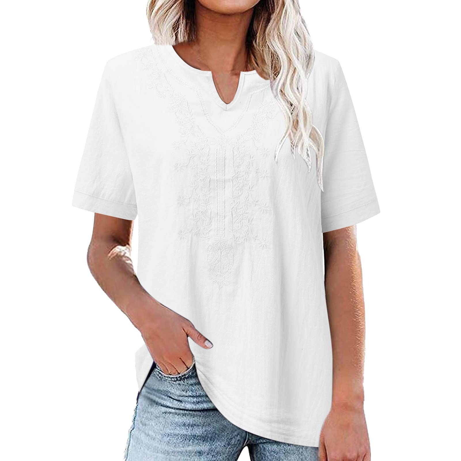 

Fashionable Women s Linen Embroidered Shirt, Loose-Fit Pullover, Short Sleeve, Button-Up, V-Neck T-Shirt XL білий