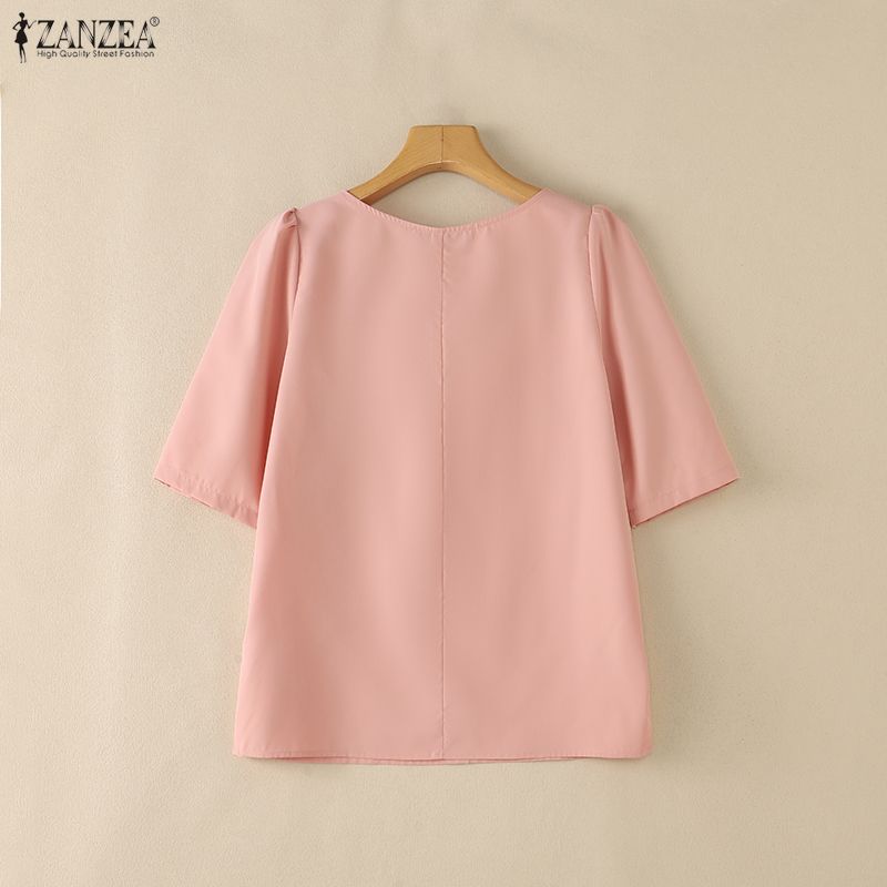 ZANZEA Women Elegant Square Collar Summer Casual Short Sleeve Blouse