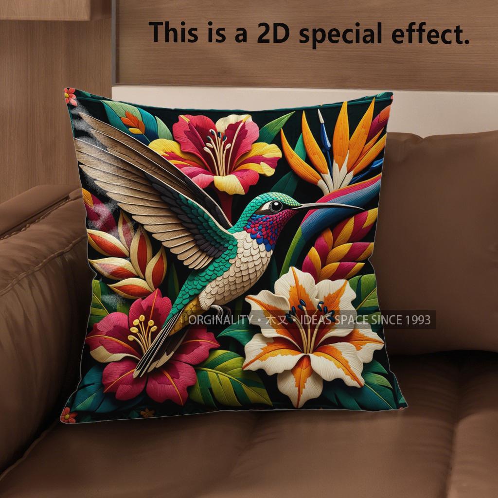 

2D Hummingbird Tropical Floral Throw Pillow Covers Pattern Cushion Cover Suitable For Sofa Bedroom Car Pillow Cover 40x40cm