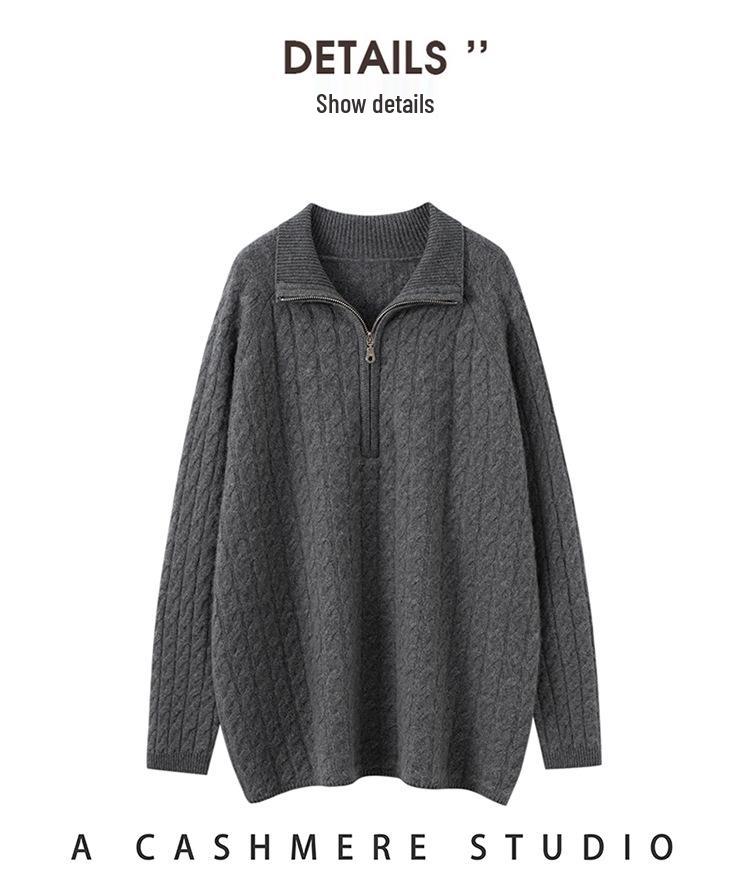 Women's Cashmere Half-Zip Lapel Solid Sweater - 2026 Autumn/Winter Collection, Loose & Slimming Design
