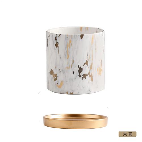 European Style Marbled Cylindrical Ceramic Flowerpot with Golden Tray Household Succulents Potted Gardening Garden Decoration