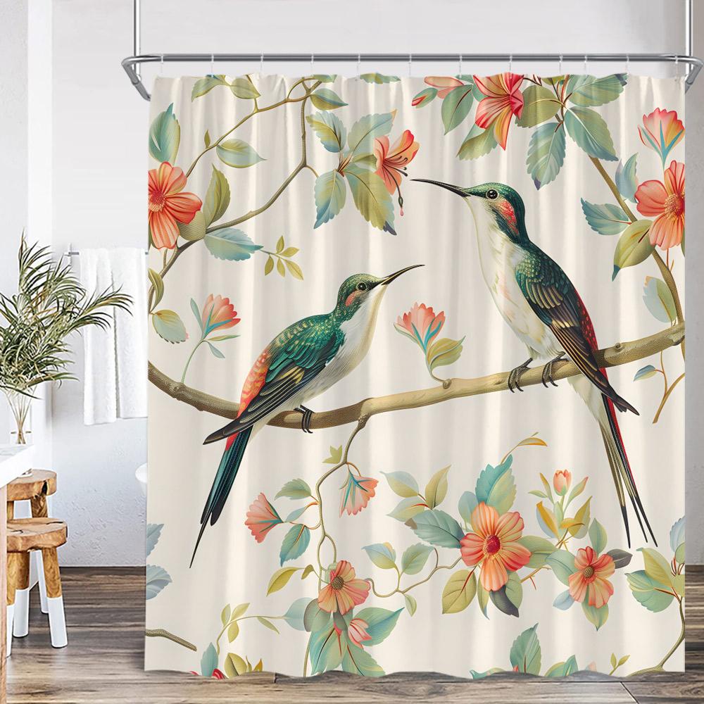 Bird Cartoon Shower Curtain Oil Painting Flower Leaf Tree Animal Print Spring Summer Bathroom Decor Modern Floral Bath Curtain