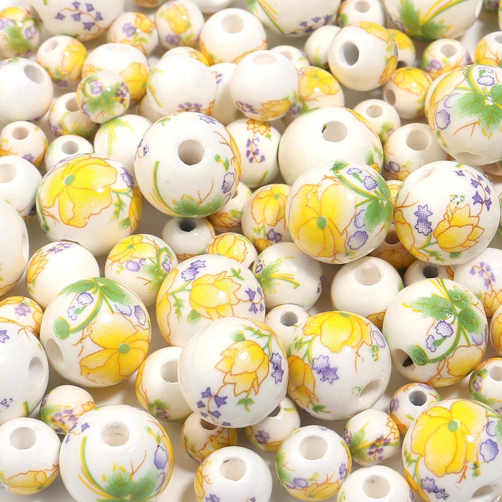 

20-30pcs 6/8/10/12mm Ceramic Round Beads Colored Flower Pattern Jingdezhen Porcelain Beads For DIY Bracelet Necklace Accessories 6mm 30pcs світло-жовтого кольору