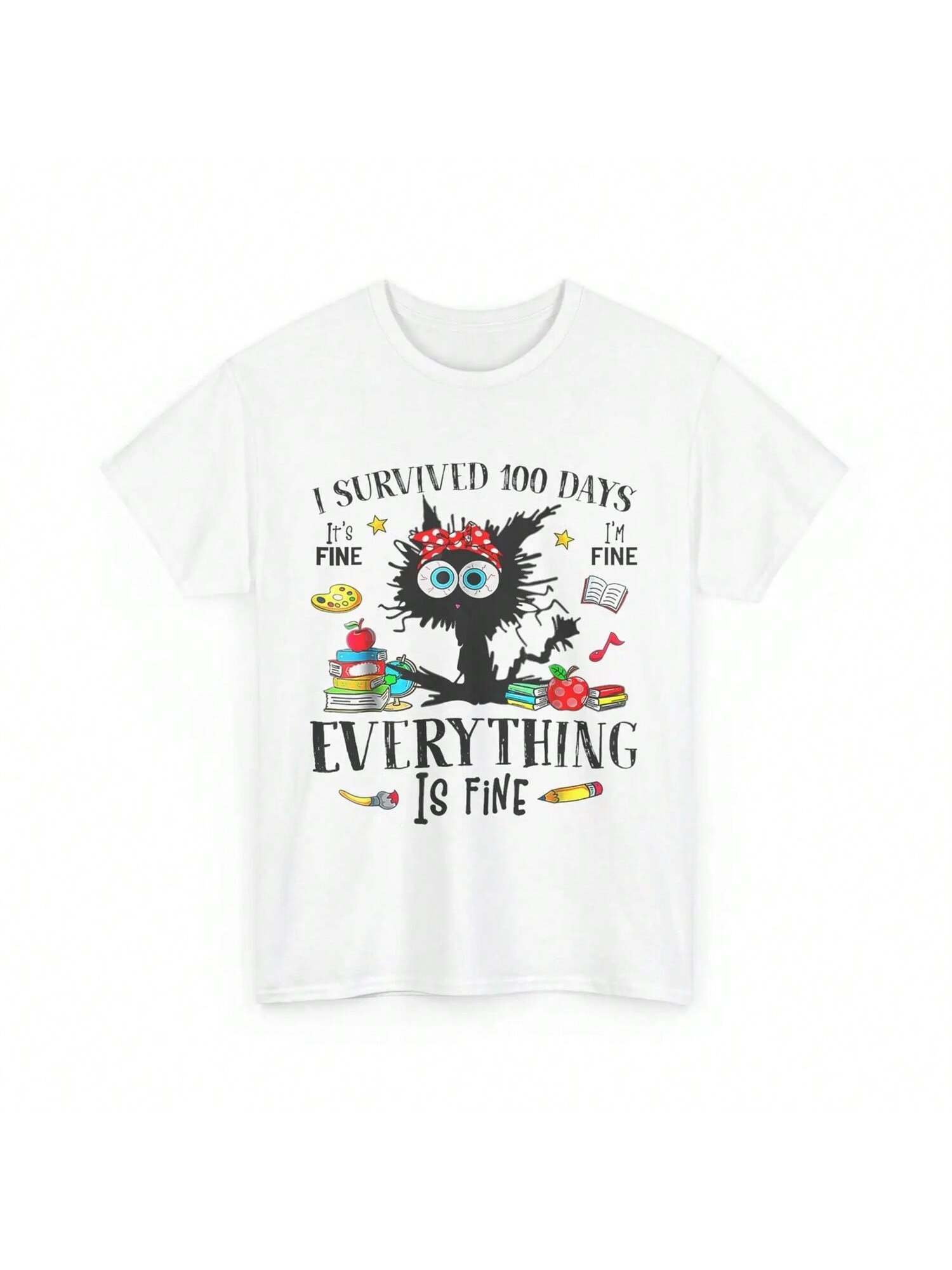 I Survived 100 Days Of School Teacher Kids Funny Cat T Shirt S разноцветный