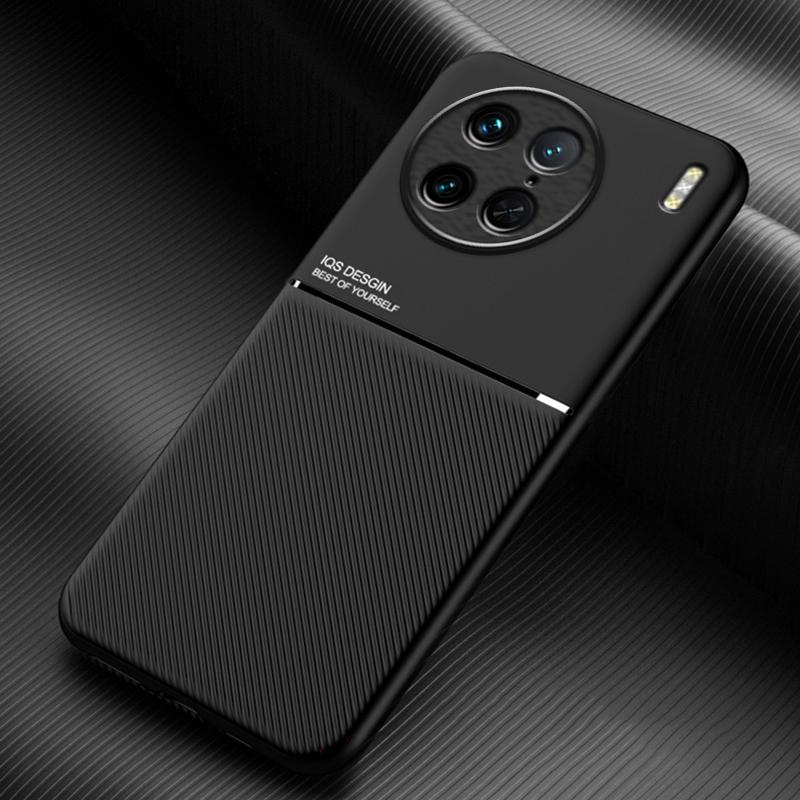 

For vivo X90 Pro 5G Lines Imprinted Phone Case Anti-drop PU Leather+TPU Back Cover with Car Mount Metal Sheet Black