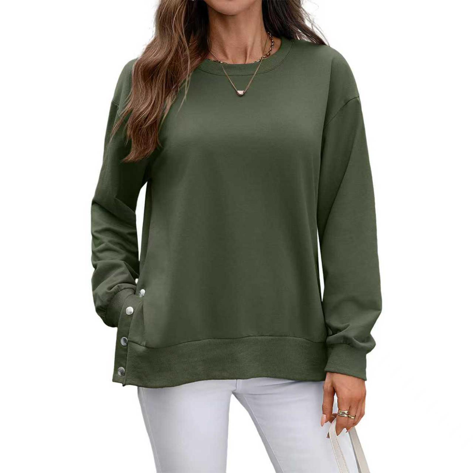 

Women s Fashionable Round Neck Long Sleeved Solid Color Button Hem Slit Casual Hoodie Top XL