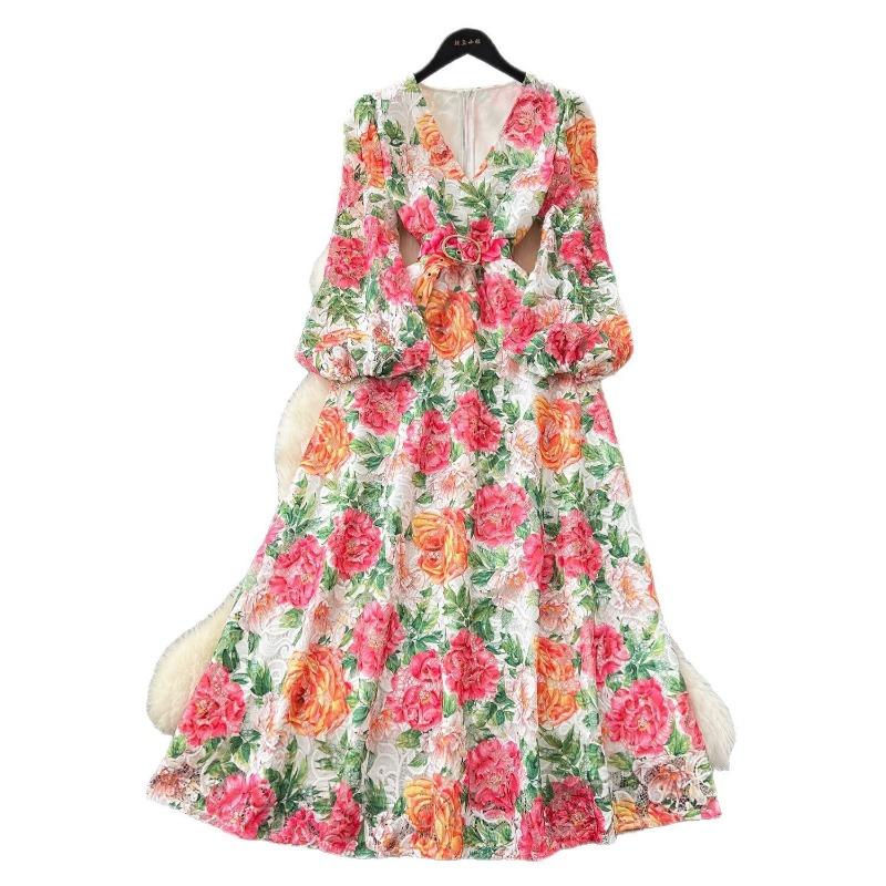 Długa sukienka z dekoltem w serek, rękawami typu lantern, w talii ściągana, z ażurową koronką szydełkową, dla kobiet