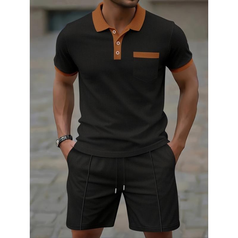 Mens Color Block Short Sleeve Polo Shirt And Shorts Two Piece Set