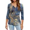 T-shirt da donna T-shirt stampata con bottoni manica a 3/4 Top regolare alla moda quotidiana per il fine settimana, basic con scollo a V
