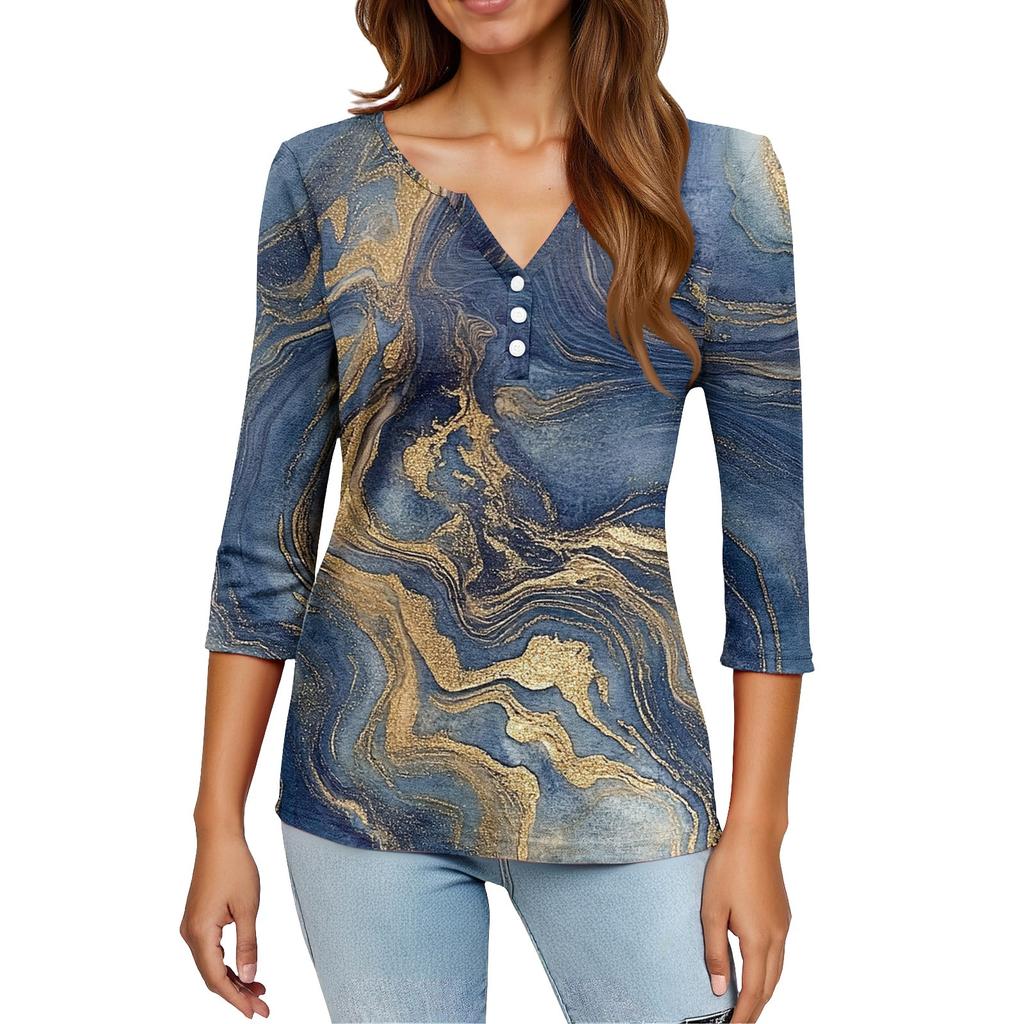 T-shirt da donna T-shirt stampata con bottoni manica a 3/4 Top regolare alla moda quotidiana per il fine settimana, basic con scollo a V
