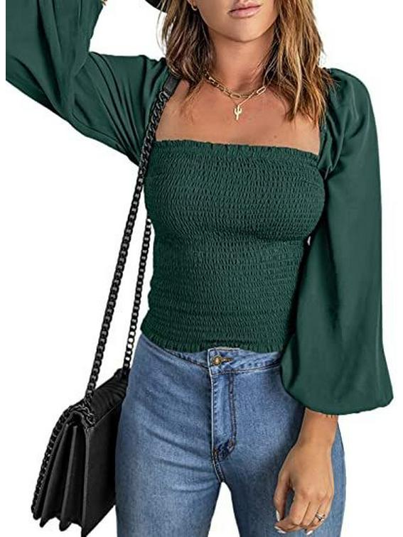 Women's Solid Color Square Neck Slim Fit Lantern Sleeve Pleated Top