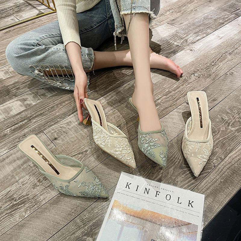 Korean version of casual embroidery half-drag high heels women's spring and summer new pointed thin heels empty sandals