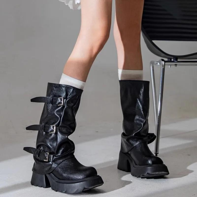 Fashion Autumn Winter 2025 New Platform Block Heel Mid-tube Boots Women's Round Toe Metal Buckle Platform Belt Buckle High Heel Boots