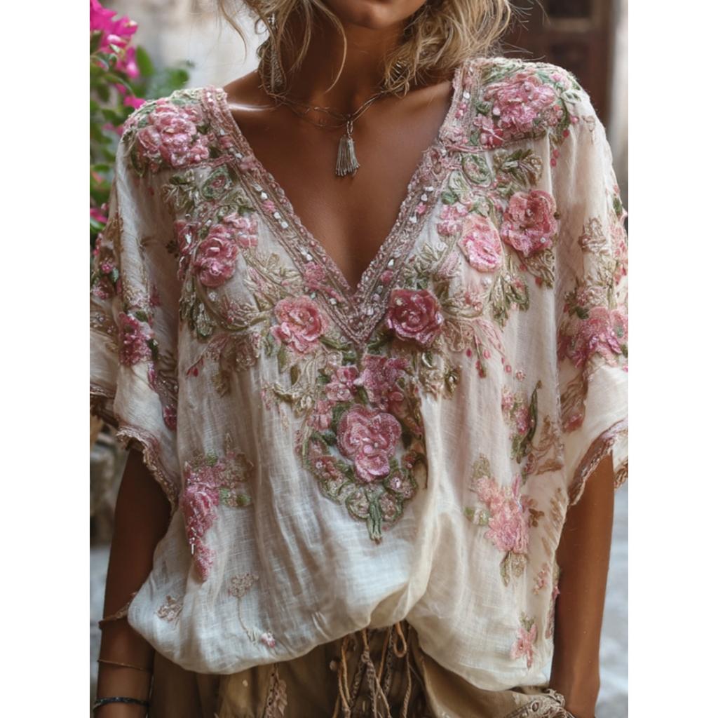 Women's V Neck Short Sleeve Floral Embroidered Regular Fit Casual Blouse Top