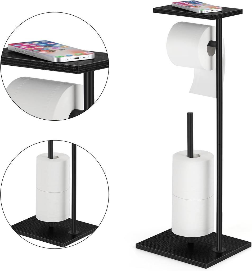 LIANTRAL Freestanding Toilet Paper Roll Dispenser, Toilet Paper Holder Stand with Top Storage Plate, Black Metal Frame, Black Patterned Plate