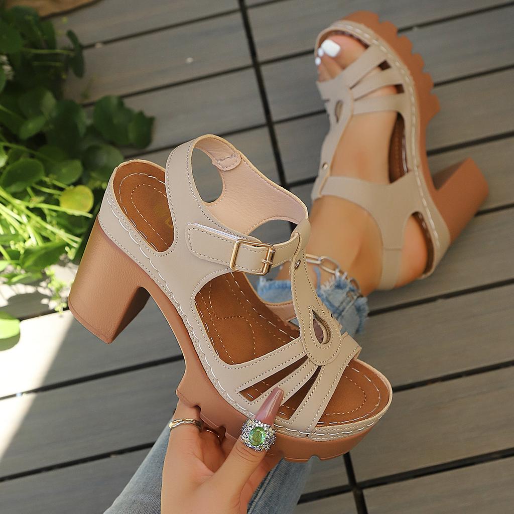 New Ethnic Style Roman Style Sandals with Summer Thong High-heeled Shoes with Velcro, Casual European and American Thick Heel High-heeled Shoes