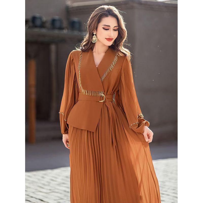 

Ближний Восток Новое Платье с V-образным вырезом, длинным рукавом и плиссированной юбкой, ручной работы, расшитое бисером Smog Orange S