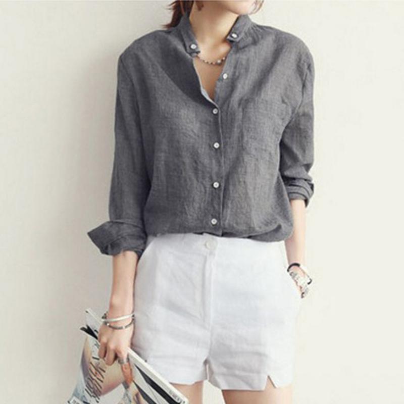 Women Autumn Korean Solid Cotton and Linen Blouse Vintage Solid Thin Loose Shirt Casual Long Sleeve Korean