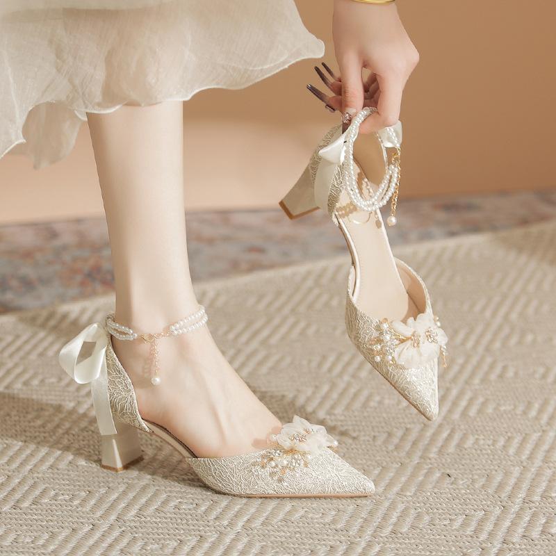 Beautiful Princess Coming-of-age High Heels for Women's New Wedding Thick Heel Wedding Shoes Are Not Tired of Hollow Feet Shoes for Women