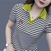 Short Sleeved T-shirt, Plus Size Women's Clothing, Pure Desire Polo Shirt, Lapel Striped Contrasting Color, Stylish Casual Versatile Top