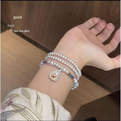 Douyin Live Copper-Plated Silver Enamel Beaded Gourd Bracelet for Women - National Style Versatile Bangle