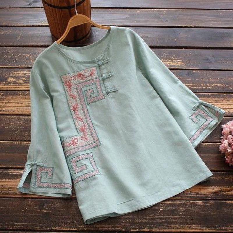 Футболка из хлопка в стиле ретро с пряжкой и рукавами-пятью женская летняя вышитая футболка XXXXL зелёный 2515₽