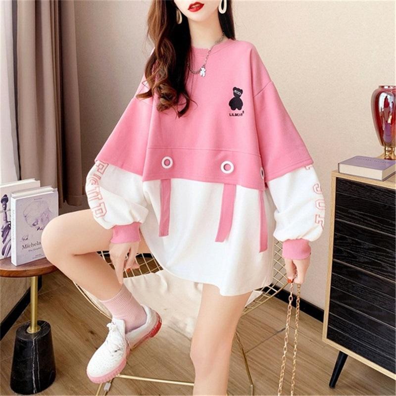 

Women s Color Block Patchwork Crew Neck Loose Sweatshirt L рожевий