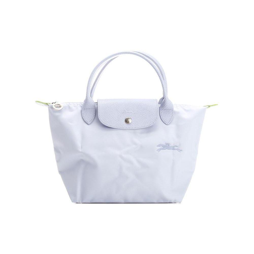 

Longchamp Le Pliage Green 23 Embroidered Logo Solid Color Snap Zipper Closure Leather Trim Dumpling Tote Bag Small Women Tote Bags 1621919P79 Light Blue