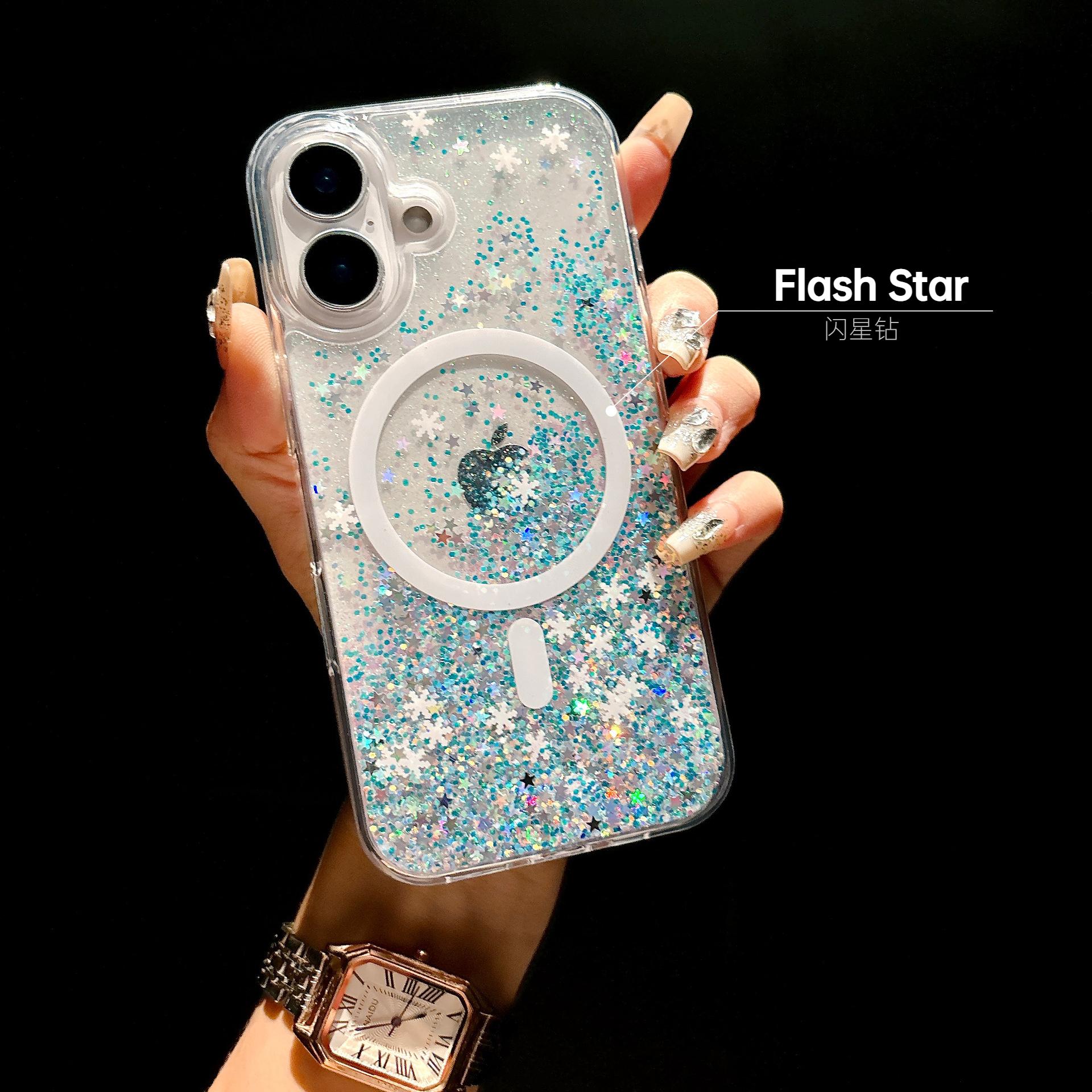 

Чехол Magsafe для iPhone 16 Plus, роскошный блестящий градиентный пудровый блестящий чехол со снежинками, магнитный чехол для беспроводной зарядки iPhone 14, 15 Pro Max, милый чехол For iPhone 16 Pro Max