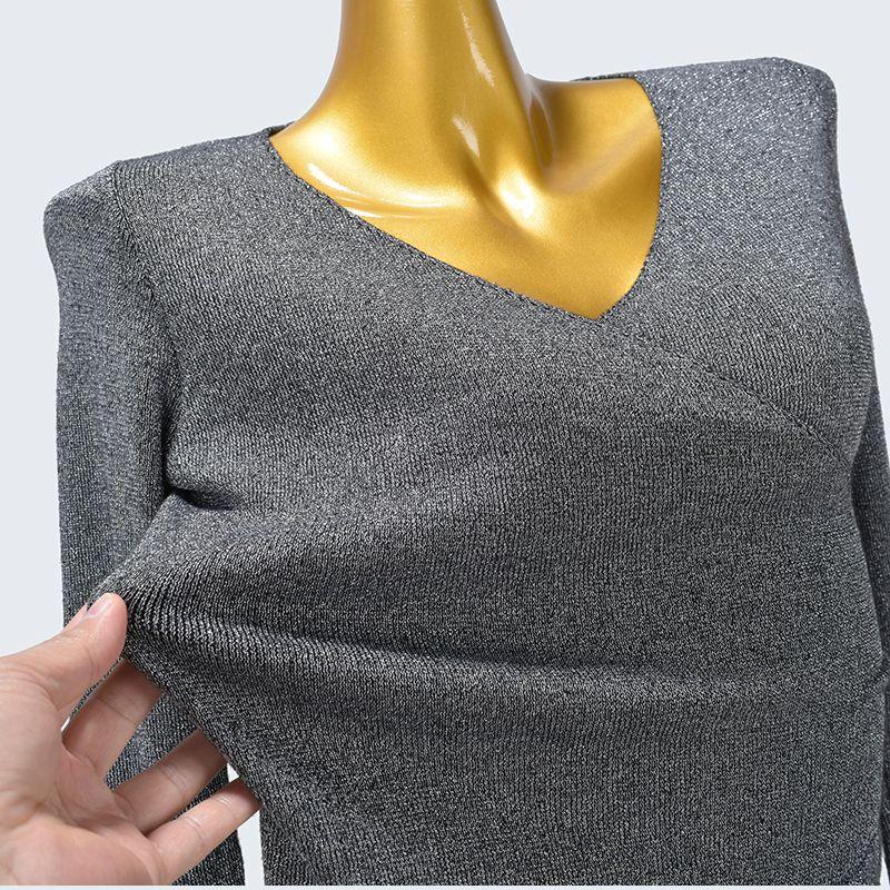 Spring and Autumn Knitting V Neck Cross Short Long Sleeves Pullover Pure Color Silver Silk Pure Color Silm High Elasticity Soft Women